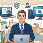 デスクでHPのノートパソコンを開いて笑顔で仕事をするスーツ姿の行政書士のイラスト。デスク上には天秤アイコン付きの法律書、書類、印鑑。周囲にはデスクトップPC、タブレット、e-Gov電子申請システム、DISCOUNT SALEのチケット、セキュリティ、サポートのアイコンが浮かんでおり、HPパソコンを用いたデジタルワークスタイルを表現しています。