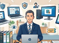 デスクでHPのノートパソコンを開いて笑顔で仕事をするスーツ姿の行政書士のイラスト。デスク上には天秤アイコン付きの法律書、書類、印鑑。周囲にはデスクトップPC、タブレット、e-Gov電子申請システム、DISCOUNT SALEのチケット、セキュリティ、サポートのアイコンが浮かんでおり、HPパソコンを用いたデジタルワークスタイルを表現しています。