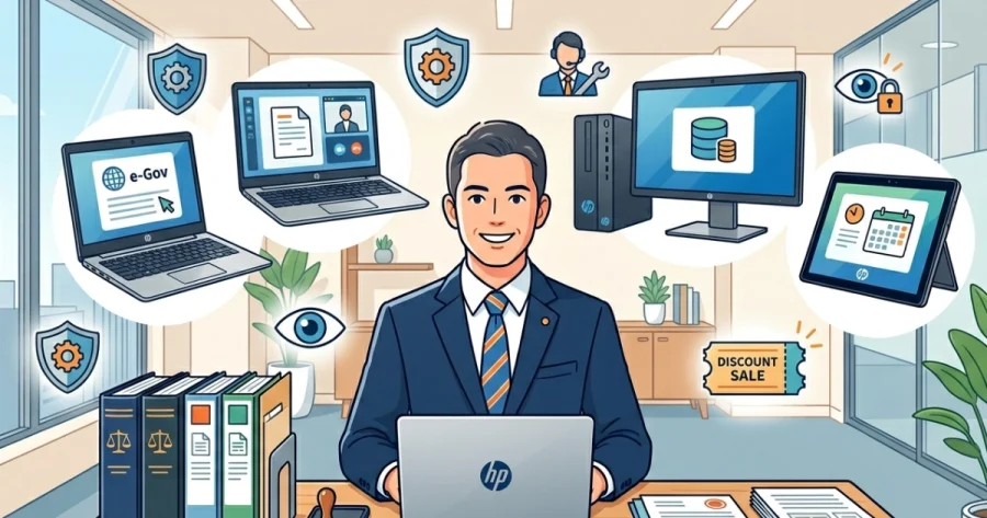 デスクでHPのノートパソコンを開いて笑顔で仕事をするスーツ姿の行政書士のイラスト。デスク上には天秤アイコン付きの法律書、書類、印鑑。周囲にはデスクトップPC、タブレット、e-Gov電子申請システム、DISCOUNT SALEのチケット、セキュリティ、サポートのアイコンが浮かんでおり、HPパソコンを用いたデジタルワークスタイルを表現しています。