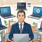 笑顔でデスクに向かうスーツ姿の行政書士のイラスト。周囲には、Dell（コスパ）、Lenovo（タイピング）、VAIO（ブランディングと拡張性）、HP（セキュリティ）、NEC（圧倒的軽量）という、行政書士におすすめの5大メーカーのノートパソコンがそれぞれの強みを示すアイコンと共に浮かんでおり、用途別のパソコン比較を表現しています。