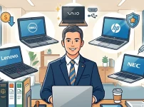 笑顔でデスクに向かうスーツ姿の行政書士のイラスト。周囲には、Dell（コスパ）、Lenovo（タイピング）、VAIO（ブランディングと拡張性）、HP（セキュリティ）、NEC（圧倒的軽量）という、行政書士におすすめの5大メーカーのノートパソコンがそれぞれの強みを示すアイコンと共に浮かんでおり、用途別のパソコン比較を表現しています。