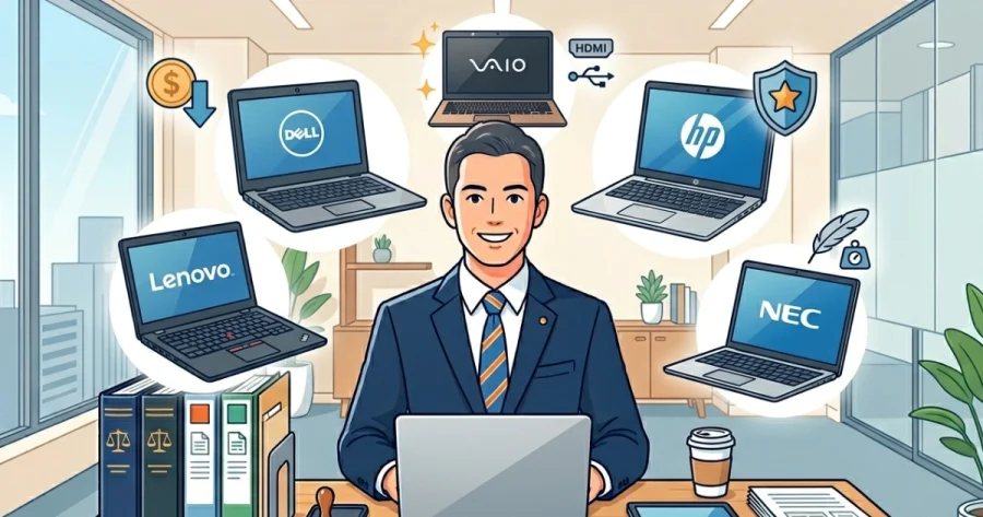 笑顔でデスクに向かうスーツ姿の行政書士のイラスト。周囲には、Dell（コスパ）、Lenovo（タイピング）、VAIO（ブランディングと拡張性）、HP（セキュリティ）、NEC（圧倒的軽量）という、行政書士におすすめの5大メーカーのノートパソコンがそれぞれの強みを示すアイコンと共に浮かんでおり、用途別のパソコン比較を表現しています。