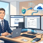 マルチモニターのデスクトップPCとノートパソコンを併用し、クラウドや電子申請（e-Gov）を活用して効率的に業務を行う行政書士の理想的なデスク環境のイラスト