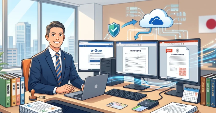 マルチモニターのデスクトップPCとノートパソコンを併用し、クラウドや電子申請（e-Gov）を活用して効率的に業務を行う行政書士の理想的なデスク環境のイラスト