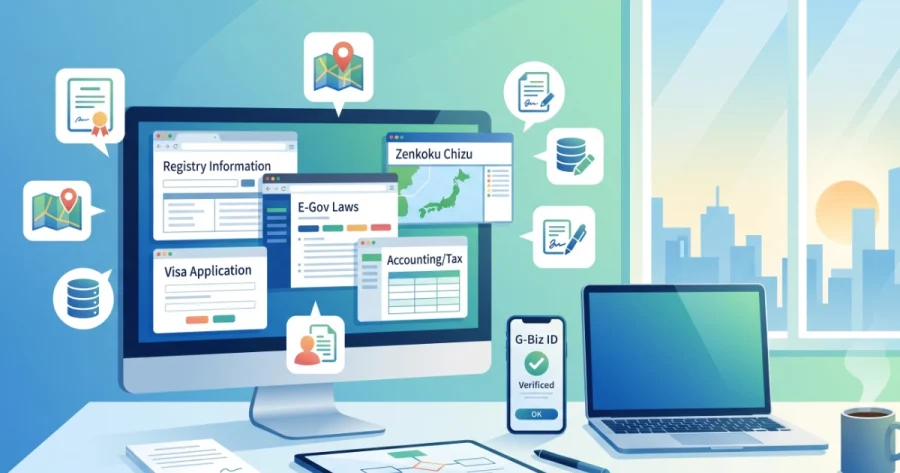 デスクトップパソコンやスマートフォンに、地図、登記情報、e-Gov法令検索、GビズIDなどの各種システム画面やアイコンが浮かび上がっている、行政書士のデジタル化された業務環境を描いたイラスト。