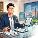 法律書が並ぶデスクで、行政書士と司法書士のダブルライセンスを持つ男性が商業登記簿に職印（印鑑）を押し、同時にタブレットで許認可申請を管理しているイラスト。背景のデジタルHUDには「COMMERCIAL REGISTER（商業登記）」や「PERMIT（許可証）」が都市の風景と繋がって表示されており、登記からビジネス開始までを一貫してサポートする法務ワンストップサービスを象徴しています。