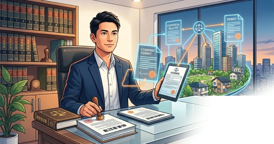 法律書が並ぶデスクで、行政書士と司法書士のダブルライセンスを持つ男性が商業登記簿に職印（印鑑）を押し、同時にタブレットで許認可申請を管理しているイラスト。背景のデジタルHUDには「COMMERCIAL REGISTER（商業登記）」や「PERMIT（許可証）」が都市の風景と繋がって表示されており、登記からビジネス開始までを一貫してサポートする法務ワンストップサービスを象徴しています。