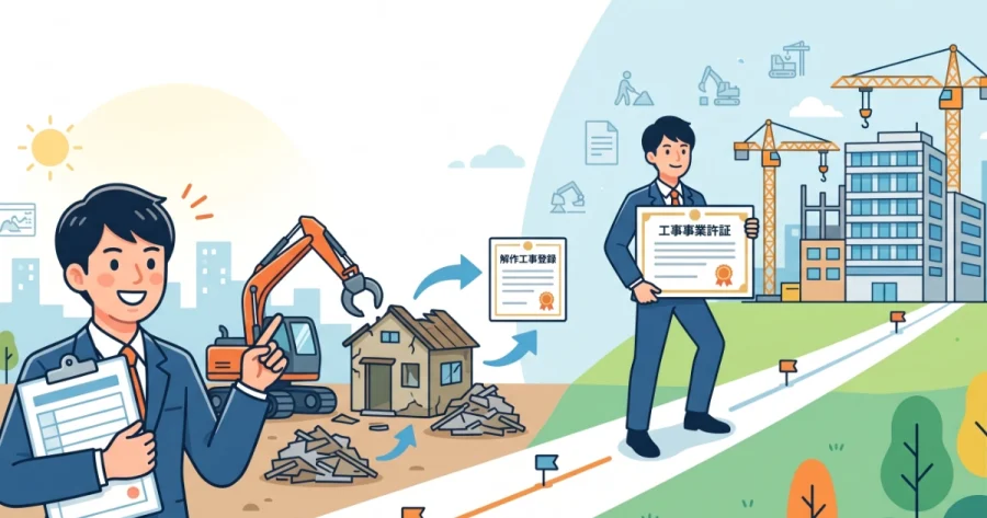 行政書士のサポートにより、小規模な家屋の解体工事業登録から、将来的な大規模建築の建設業許可取得へと事業をステップアップさせていく道のりを表現したイラスト。