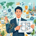 中央でスーツ姿の男性行政書士が笑顔で民泊の平面図を指差し、もう一方の手で複雑な法令を象徴する絡み合った紐を解きほぐしています。背景には、民泊として活用される古民家や一軒家、インバウンドの外国人観光客、役所や消防署での協議、近隣住民とのコミュニケーションといったシーンが描かれており、行政書士が担う民泊業務のダイナミックな全体像を表現したイラストです。