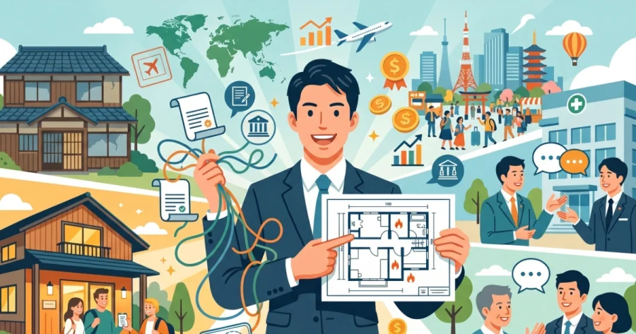 中央でスーツ姿の男性行政書士が笑顔で民泊の平面図を指差し、もう一方の手で複雑な法令を象徴する絡み合った紐を解きほぐしています。背景には、民泊として活用される古民家や一軒家、インバウンドの外国人観光客、役所や消防署での協議、近隣住民とのコミュニケーションといったシーンが描かれており、行政書士が担う民泊業務のダイナミックな全体像を表現したイラストです。