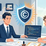 パソコンのソースコードや申請書類を前に、行政書士がITエンジニアに対してプログラムの著作権登録に関するコンサルティングを行っているイラスト。二人の間には著作権保護を象徴する盾のアイコンが描かれています。