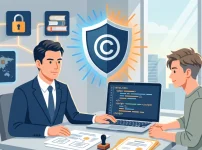 パソコンのソースコードや申請書類を前に、行政書士がITエンジニアに対してプログラムの著作権登録に関するコンサルティングを行っているイラスト。二人の間には著作権保護を象徴する盾のアイコンが描かれています。