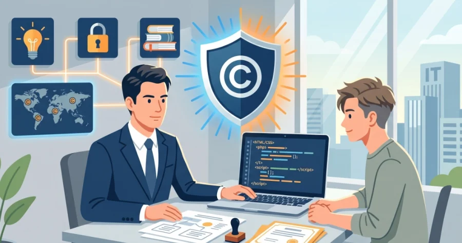 パソコンのソースコードや申請書類を前に、行政書士がITエンジニアに対してプログラムの著作権登録に関するコンサルティングを行っているイラスト。二人の間には著作権保護を象徴する盾のアイコンが描かれています。