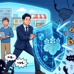行政書士の紋章が入った盾で、大量の営業電話攻撃をブロックし、背後の依頼者（カフェ店員と男性）を守る男性行政書士のイラスト。