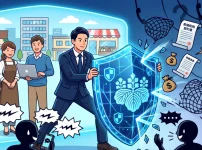 行政書士の紋章が入った盾で、大量の営業電話攻撃をブロックし、背後の依頼者（カフェ店員と男性）を守る男性行政書士のイラスト。