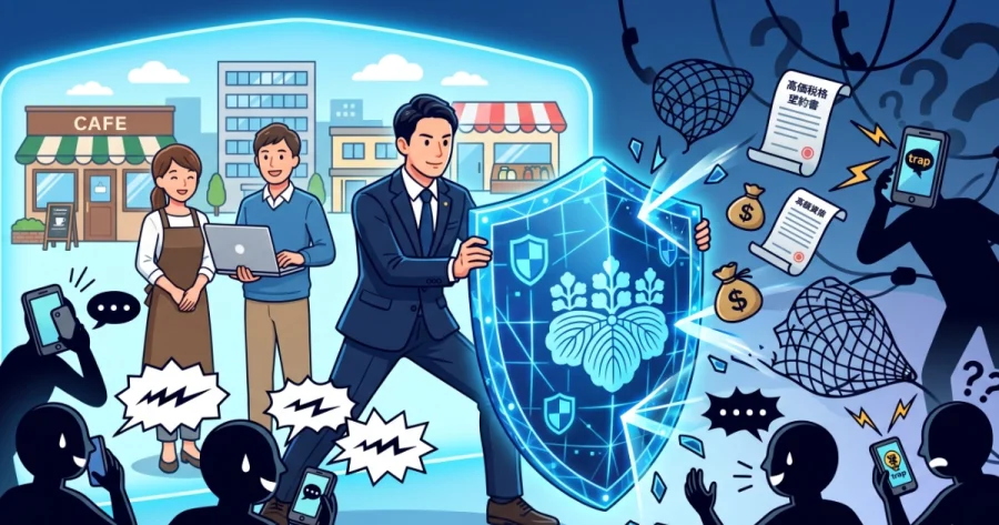 行政書士の紋章が入った盾で、大量の営業電話攻撃をブロックし、背後の依頼者（カフェ店員と男性）を守る男性行政書士のイラスト。