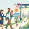 書類を持った行政書士が、外国人家族に寄り添いながら日本国籍取得（帰化）への道を一緒に歩んでサポートしているイラスト。背景には法務局、富士山、桜、パスポートなどが描かれています。