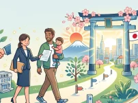 書類を持った行政書士が、外国人家族に寄り添いながら日本国籍取得（帰化）への道を一緒に歩んでサポートしているイラスト。背景には法務局、富士山、桜、パスポートなどが描かれています。