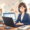 明るい事務所でビジネス用の中古ノートパソコンを使って、快適に開業準備や実務をこなす女性行政書士のイラスト。初期費用を抑えて業務効率化や売上アップを図るイメージです。