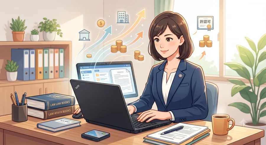 明るい事務所でビジネス用の中古ノートパソコンを使って、快適に開業準備や実務をこなす女性行政書士のイラスト。初期費用を抑えて業務効率化や売上アップを図るイメージです。