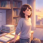 朝焼けの光が差し込む勉強部屋で、法律書が置かれた机の隣に立つ、決意を秘めた日本人女性のイラスト。行政書士試験の不合格を乗り越え、新たな決意で未来を見つめる様子。