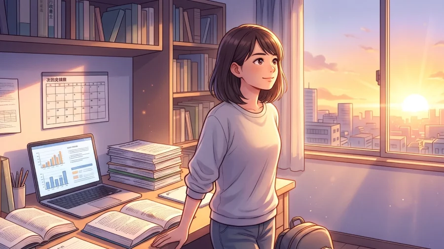朝焼けの光が差し込む勉強部屋で、法律書が置かれた机の隣に立つ、決意を秘めた日本人女性のイラスト。行政書士試験の不合格を乗り越え、新たな決意で未来を見つめる様子。